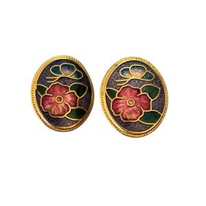 Vintage Cloisonne Clip on Earrings Enamel Flowers Floral Gold Green Purple Pink